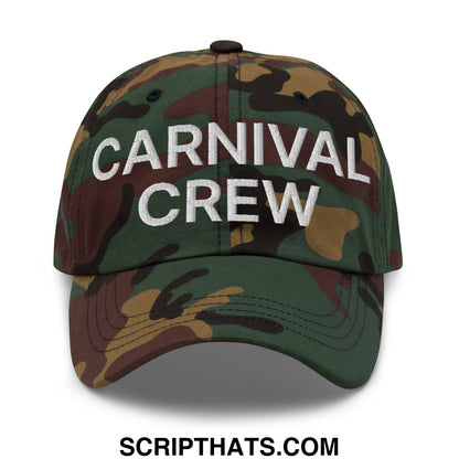 A camouflage unstructured dad hat with carnival crew embroidered in white for casual carnival crew wear