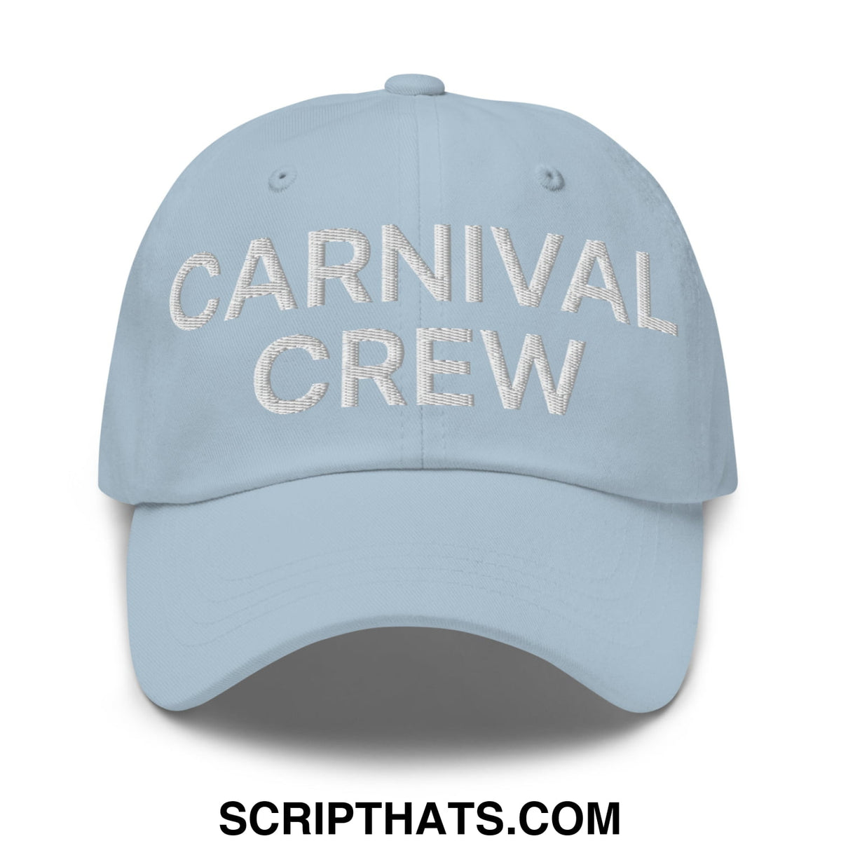 Light blue unstructured dad hat with carnival crew embroidered in white thread for casual wear
