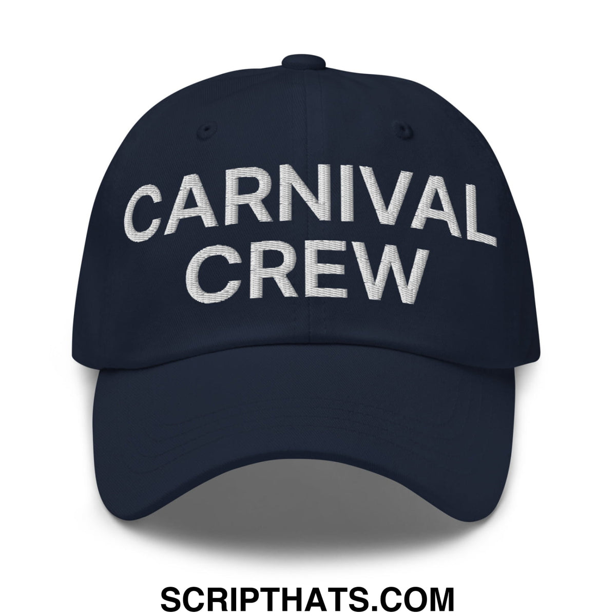 Navy blue unstructured dad hat with carnival crew embroidered in bold white lettering for casual wear