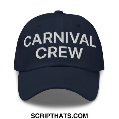 Navy blue unstructured dad hat with carnival crew embroidered in bold white lettering for casual wear