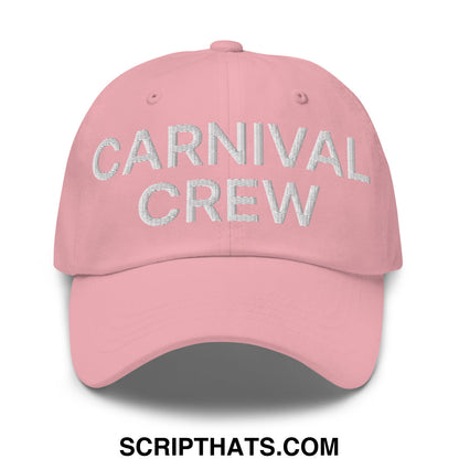 A soft pink unstructured dad hat with carnival crew embroidered in shimmering silver thread on the front