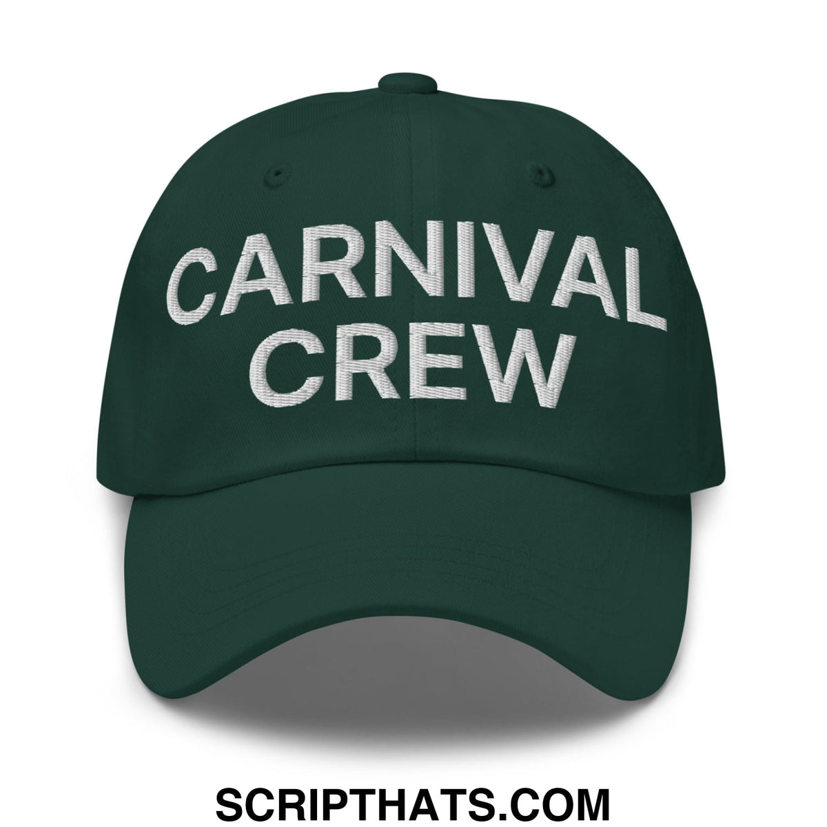 Dark green unstructured dad hat with carnival crew embroidered in white thread front for work and casual wear