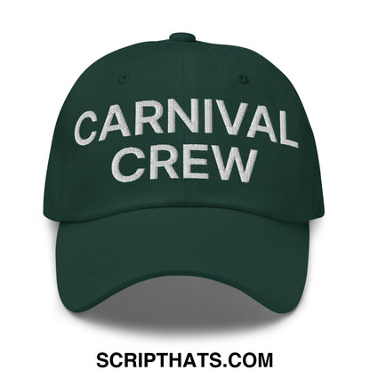 Dark green unstructured dad hat with carnival crew embroidered in white thread front for work and casual wear