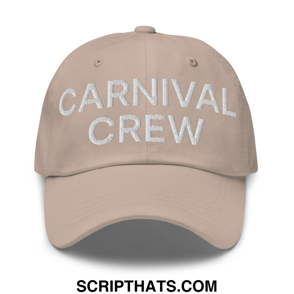 Beige unstructured dad hat with carnival crew embroidered in white thread on the front for casual carnival workwear
