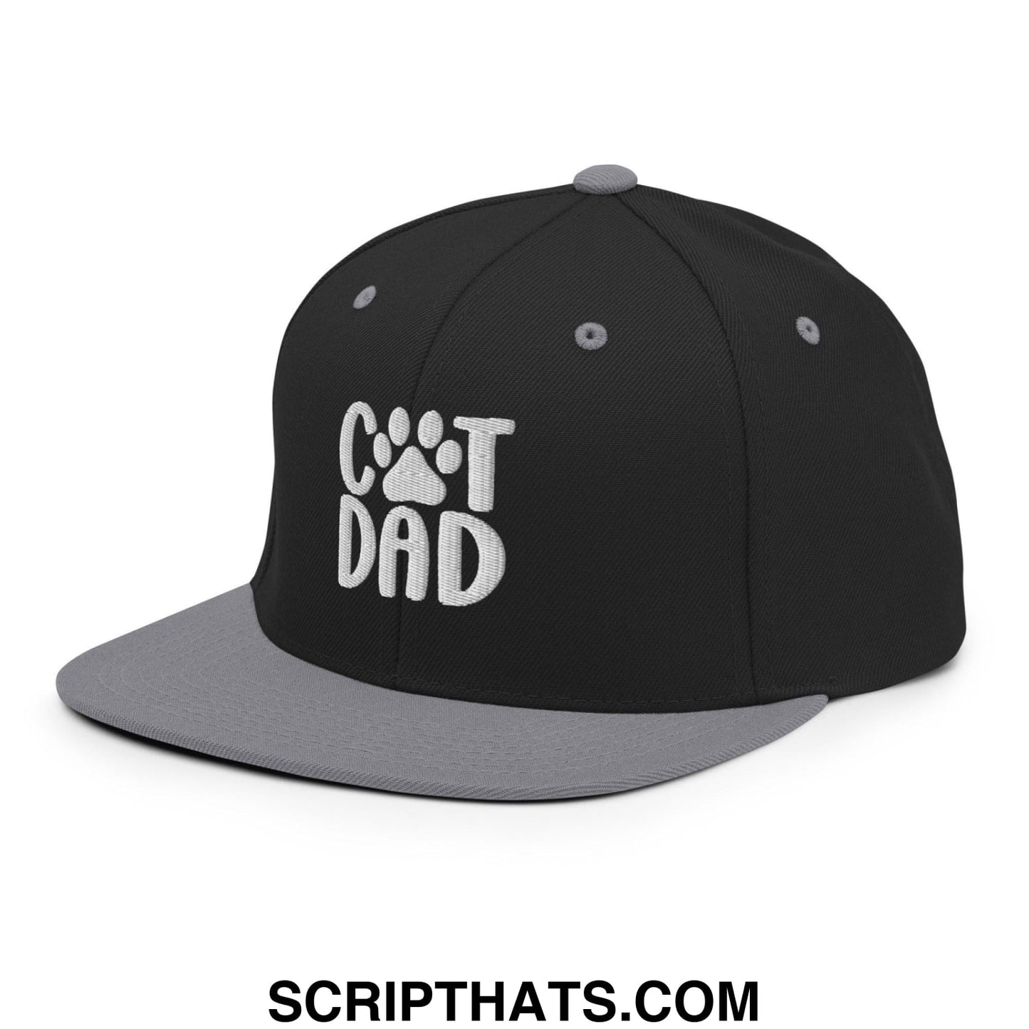 Cat Dad Embroidered Flat Bill Brim Snapback Hat Black Silver