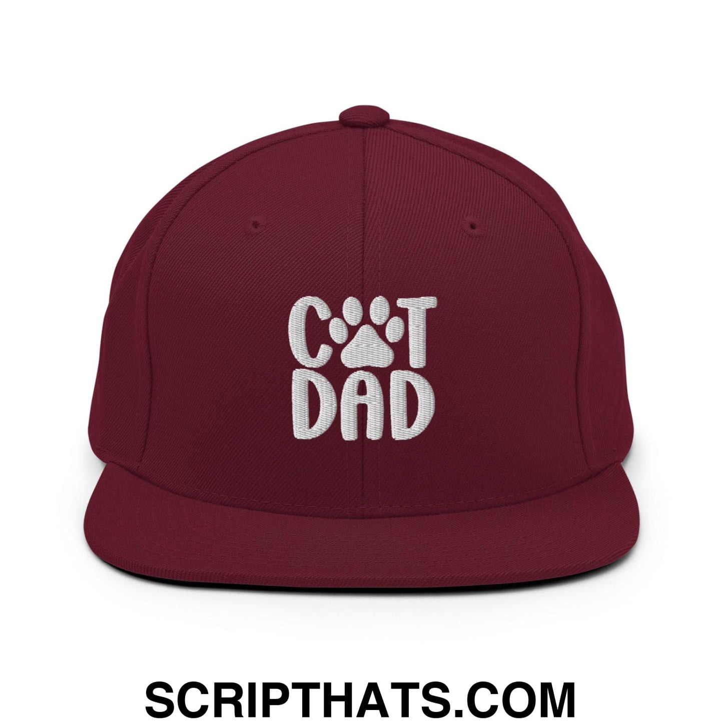 Cat Dad Embroidered Flat Bill Brim Snapback Hat Maroon
