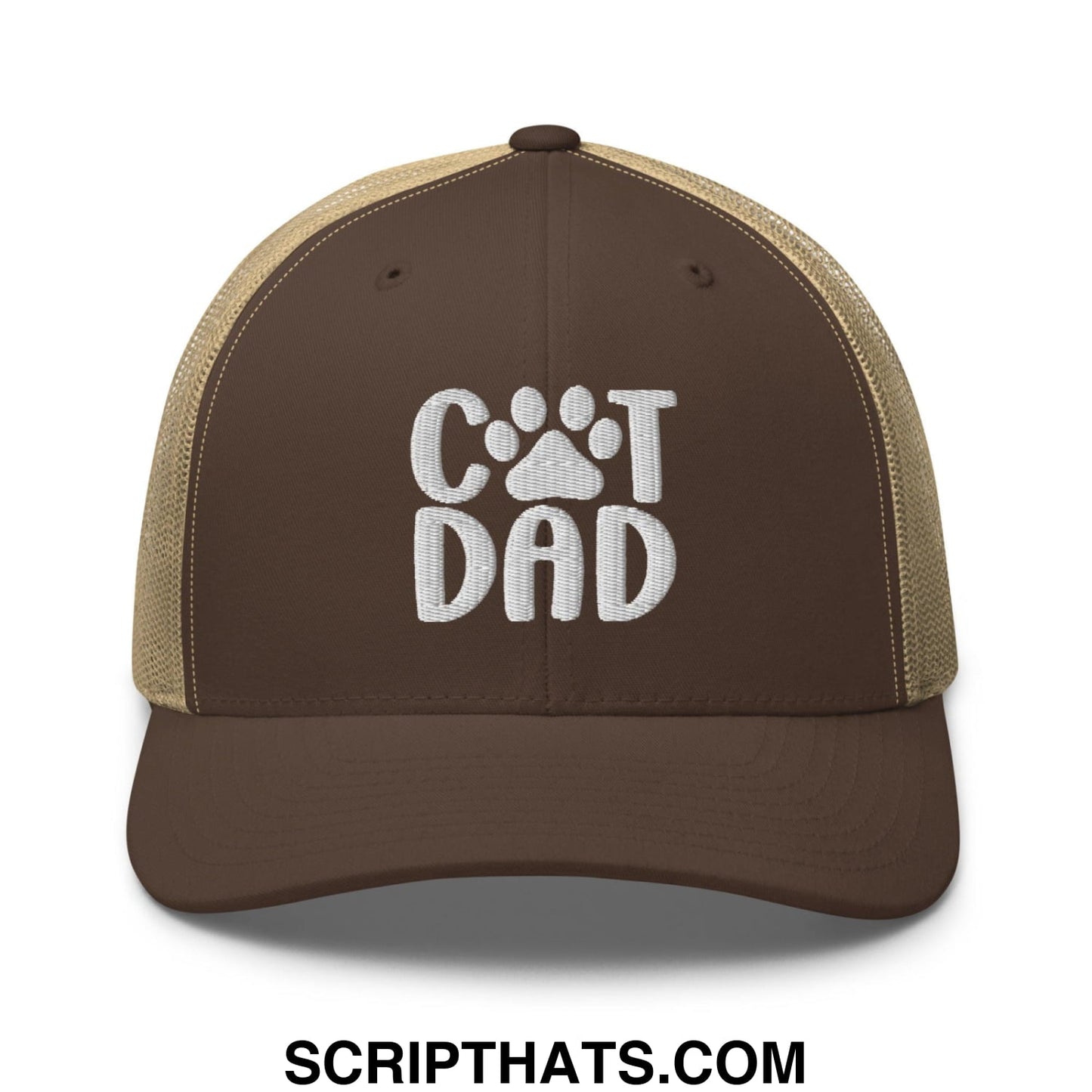 Cat Dad Embroidered Mesh Trucker Hat Brown Khaki