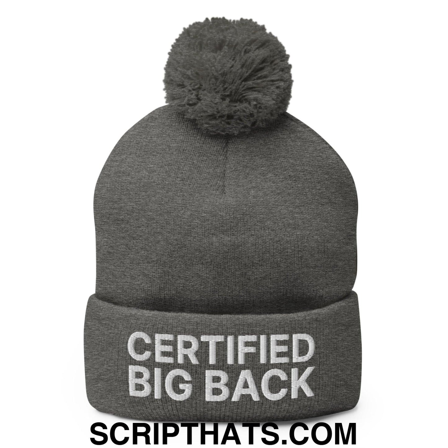 Certified Big Back Embroidered Knit Pom Pom Beanie Dark Heather Grey