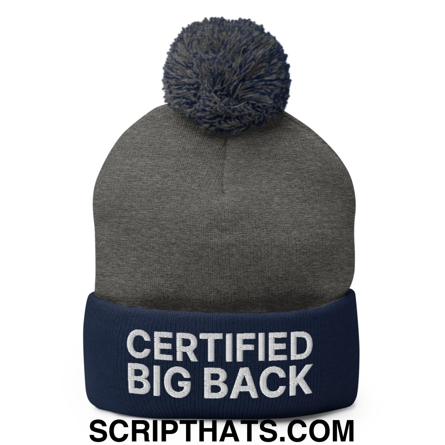 Certified Big Back Embroidered Knit Pom Pom Beanie Dark Heather Grey Navy
