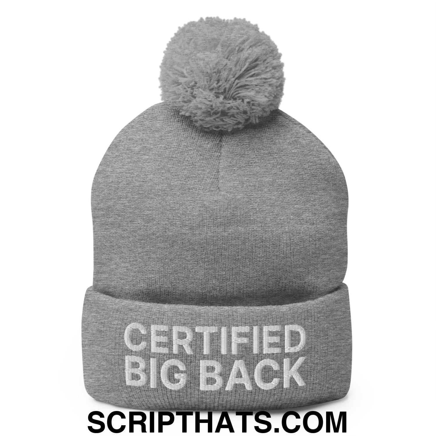 Certified Big Back Embroidered Knit Pom Pom Beanie Heather Grey