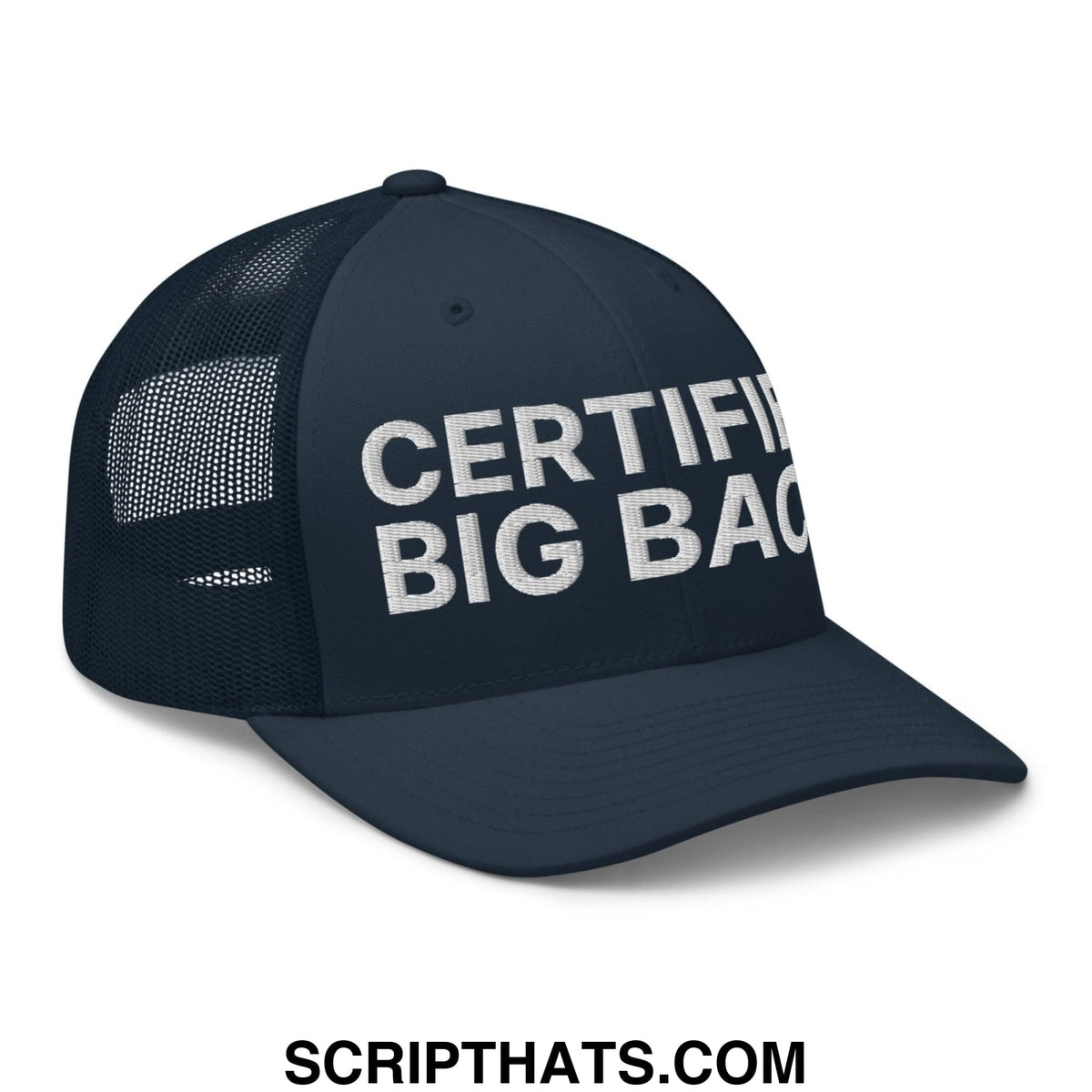 Black mesh trucker hat with white embroidered ified back text on front panel for casual wear