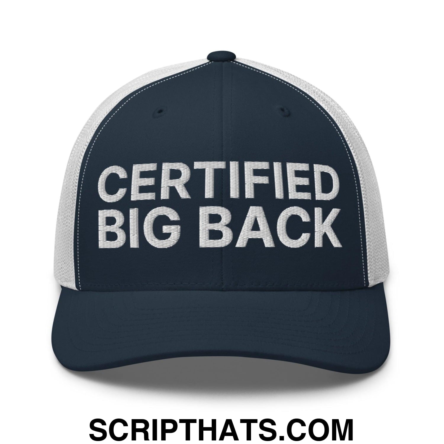 Certified Big Back Embroidered Mesh Trucker Hat Navy White