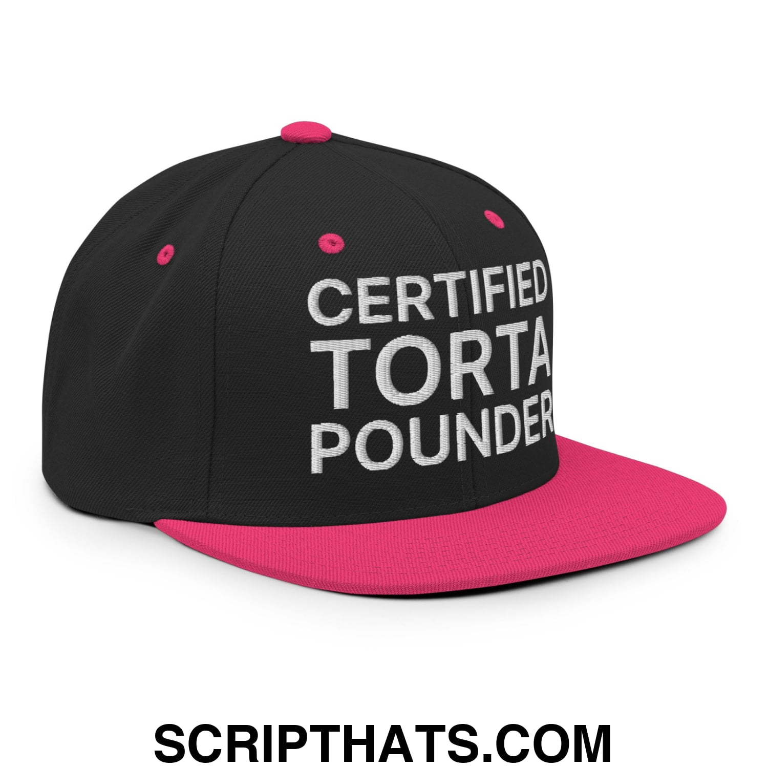 Certified Torta Pounder Embroidered Flat Bill Brim Snapback Hat Black Neon Pink