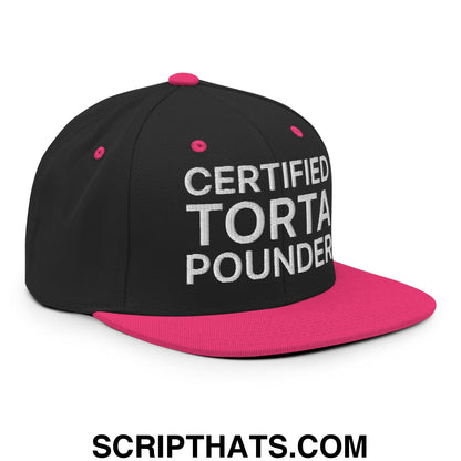 Certified Torta Pounder Embroidered Flat Bill Brim Snapback Hat Black Neon Pink