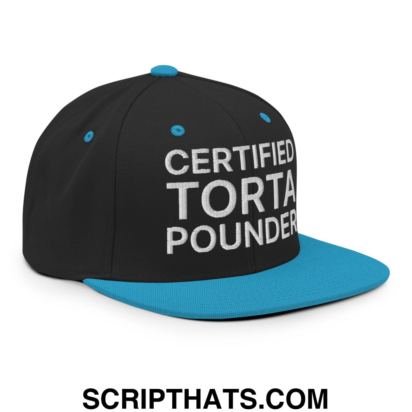 Certified Torta Pounder Embroidered Flat Bill Brim Snapback Hat Black Teal