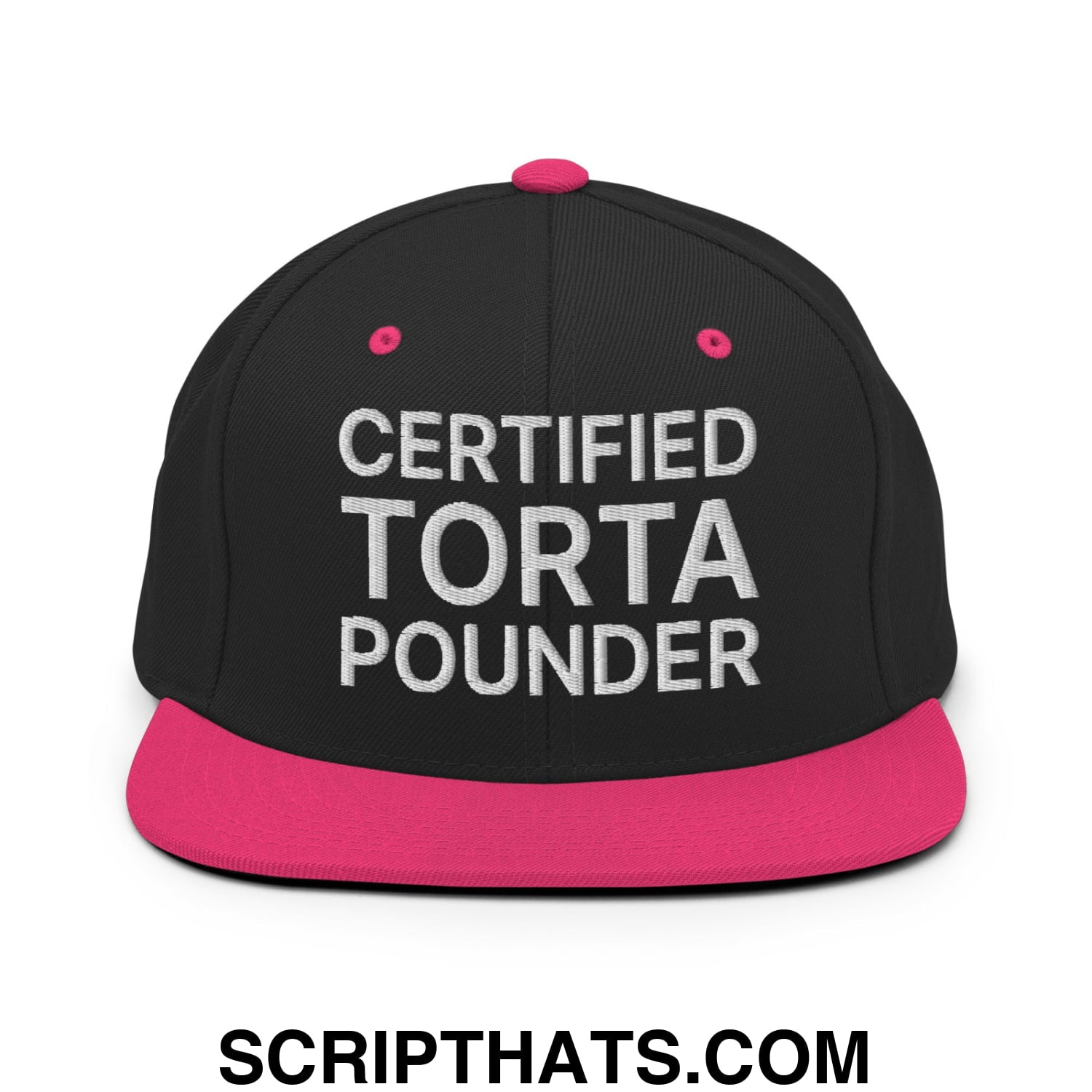 Certified Torta Pounder Embroidered Flat Bill Brim Snapback Hat Black Neon Pink