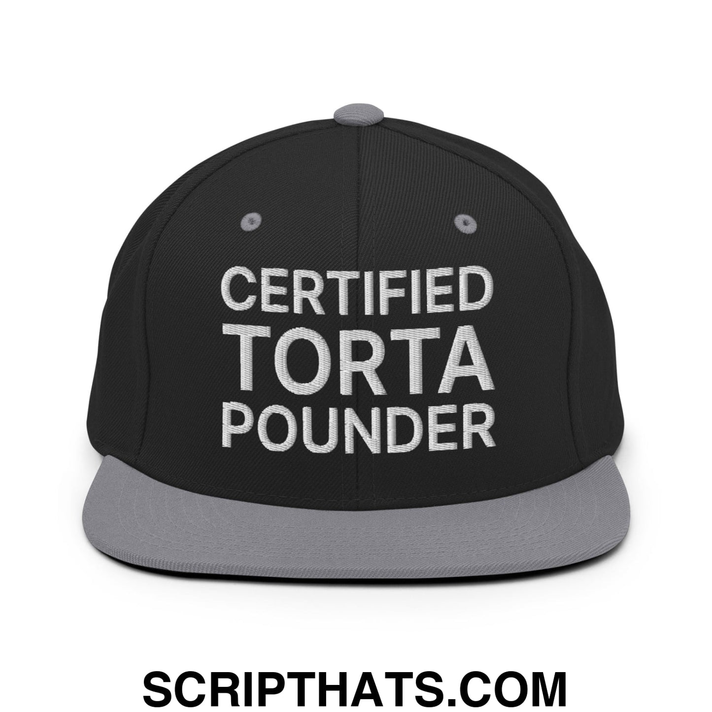 Certified Torta Pounder Embroidered Flat Bill Brim Snapback Hat Black Silver