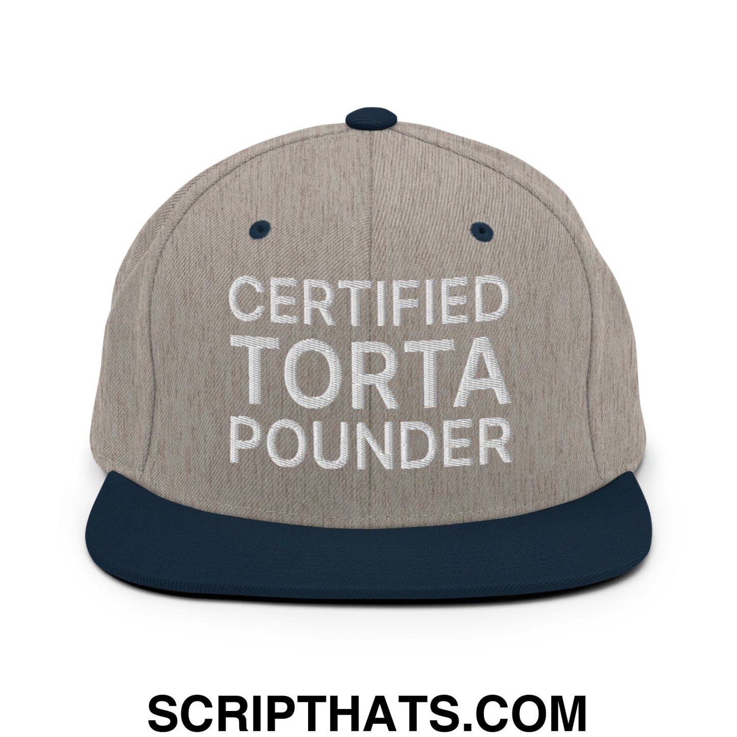 Certified Torta Pounder Embroidered Flat Bill Brim Snapback Hat Heather Grey Navy