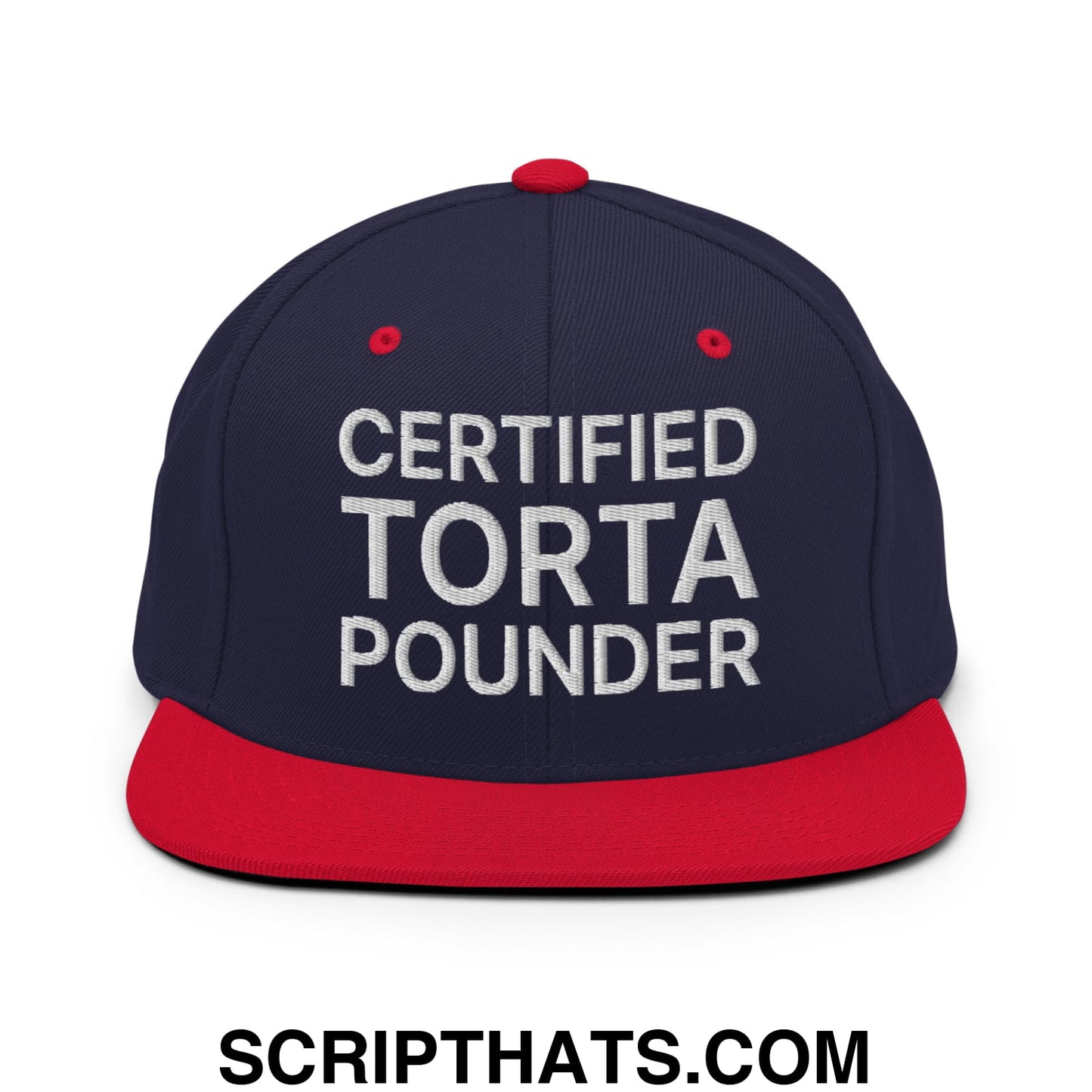 Certified Torta Pounder Embroidered Flat Bill Brim Snapback Hat Navy Red
