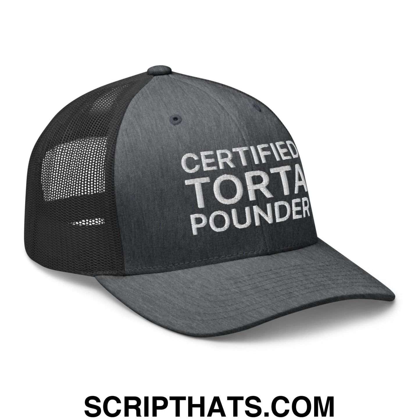 Certified Torta Pounder Embroidered Mesh Trucker Hat Dark Heather Gray