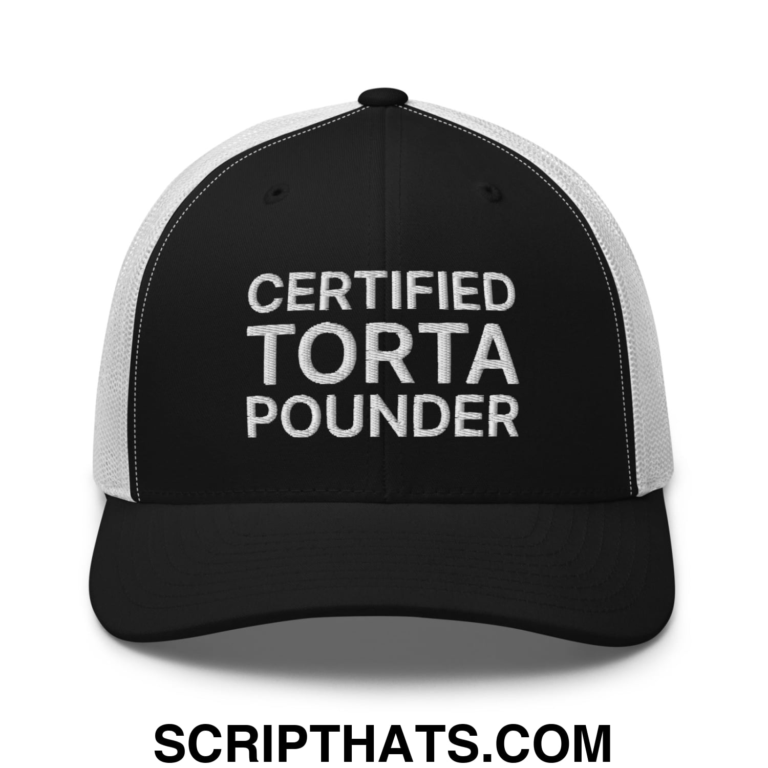 Certified Torta Pounder Embroidered Mesh Trucker Hat Black White
