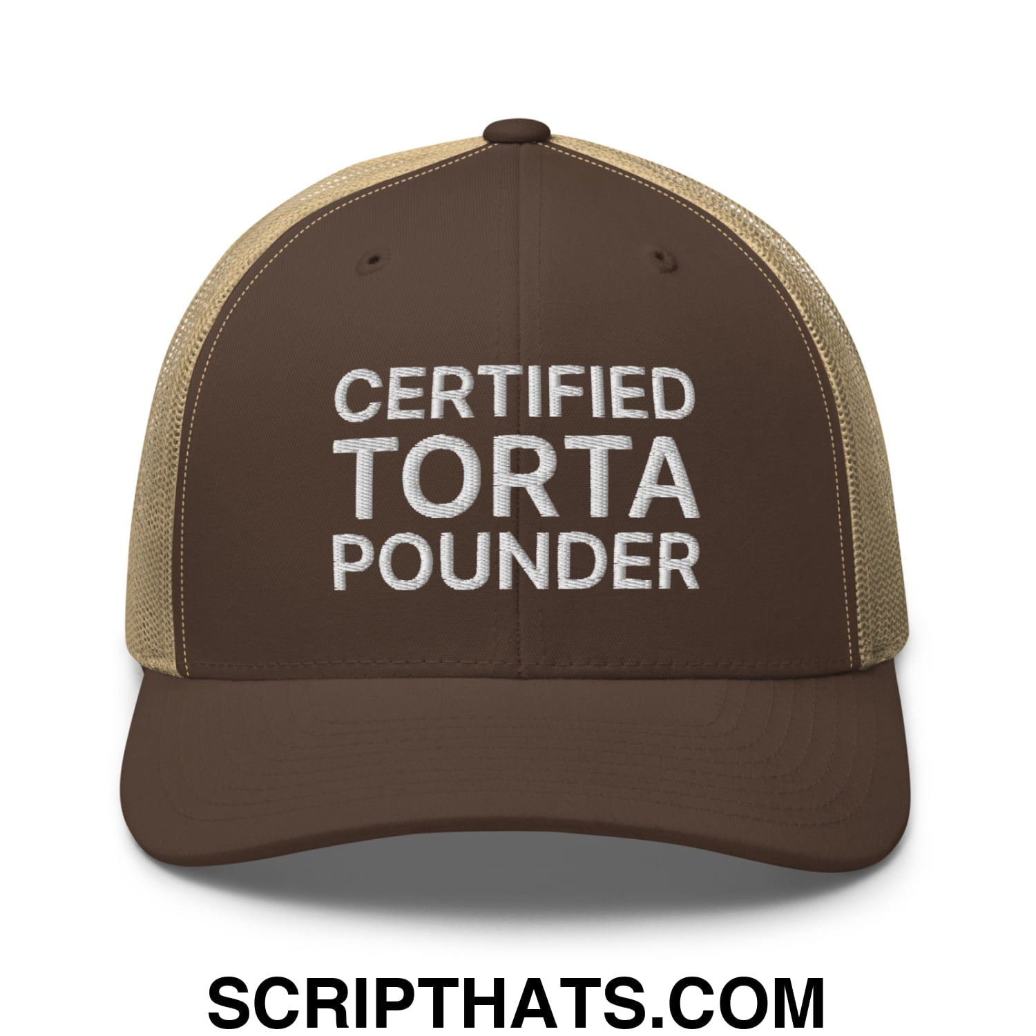 Certified Torta Pounder Embroidered Mesh Trucker Hat Brown Khaki