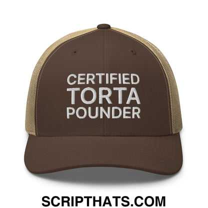 Certified Torta Pounder Embroidered Mesh Trucker Hat Brown Khaki