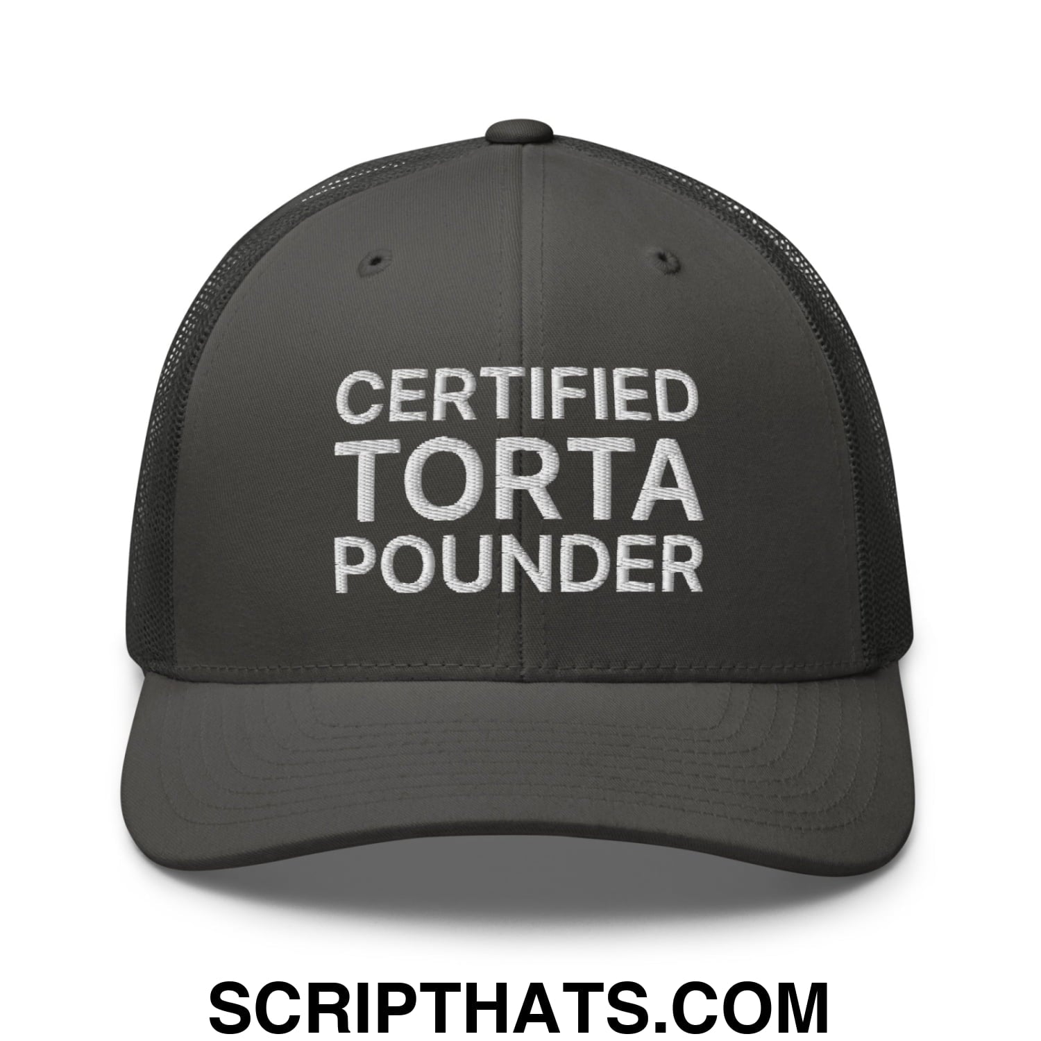 Certified Torta Pounder Embroidered Mesh Trucker Hat Charcoal