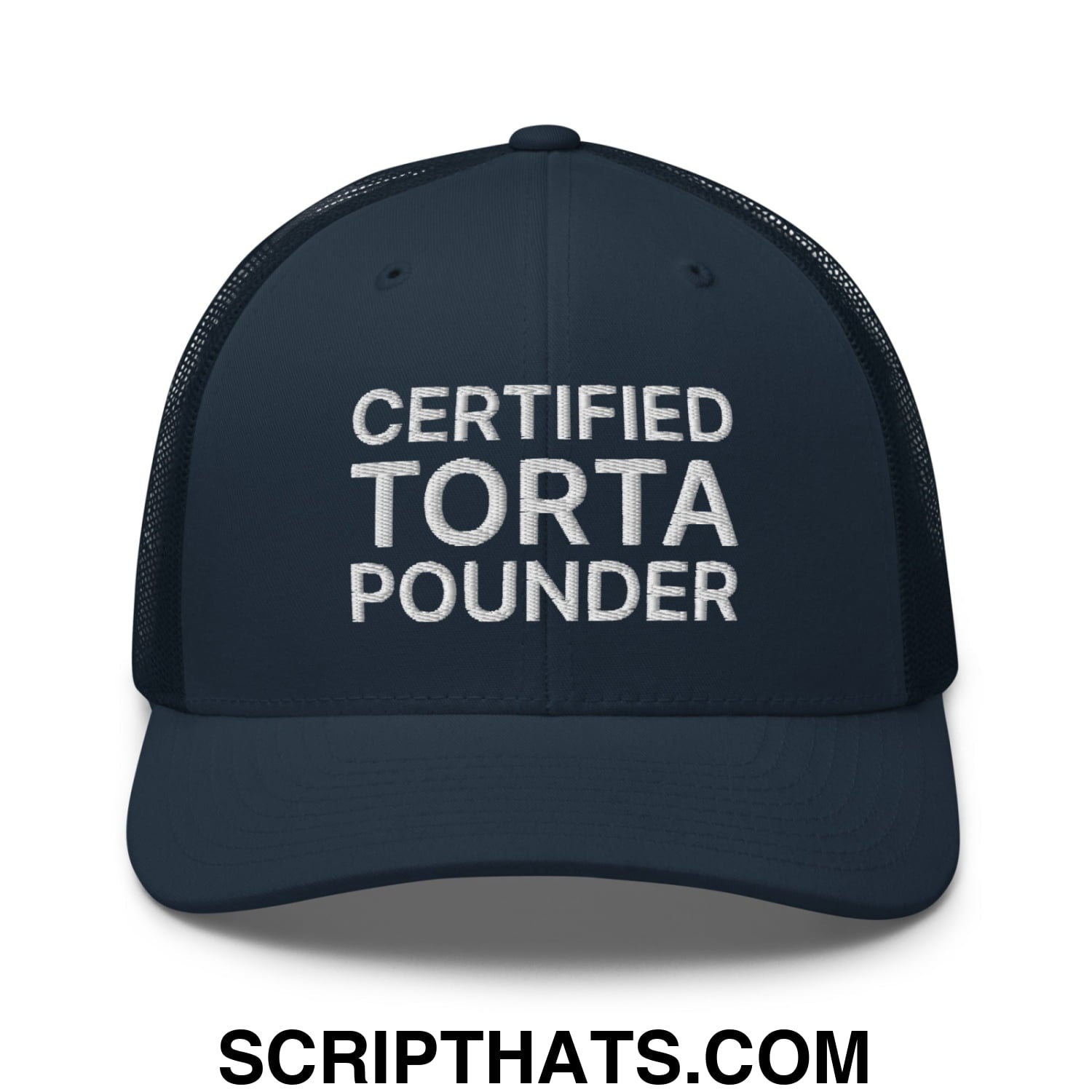 Certified Torta Pounder Embroidered Mesh Trucker Hat Navy