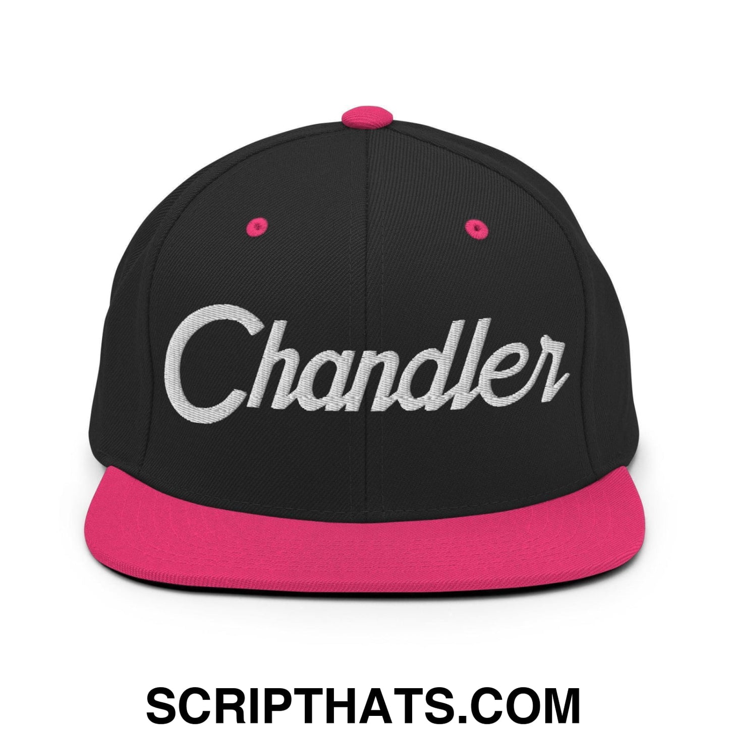 Chandler Script Snapback Hat Black Neon Pink