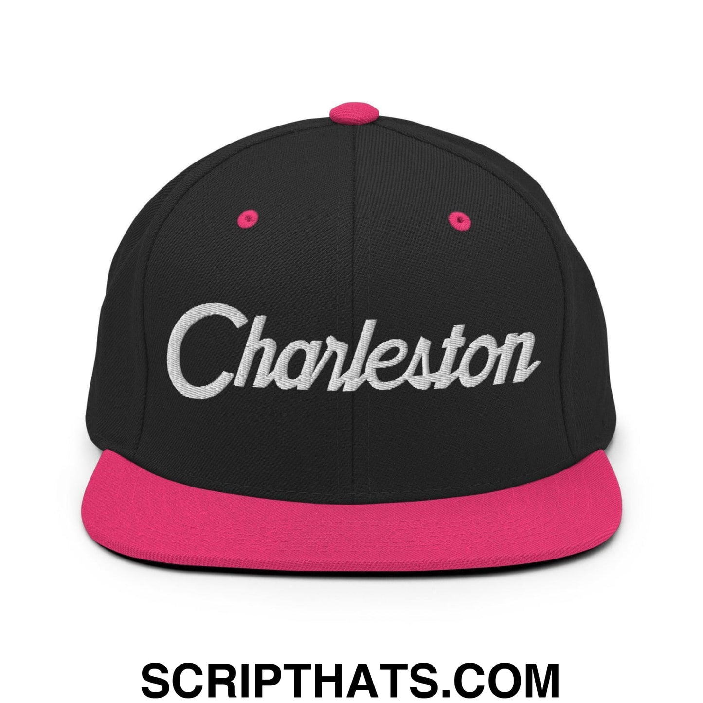 Charleston Script Snapback Hat Black Neon Pink