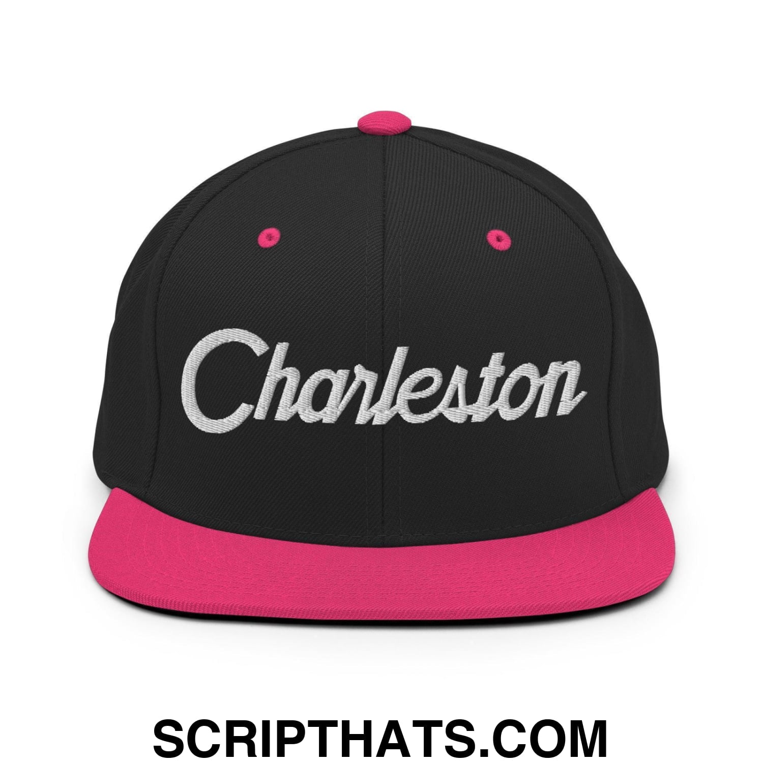Charleston Script Snapback Hat Black Neon Pink