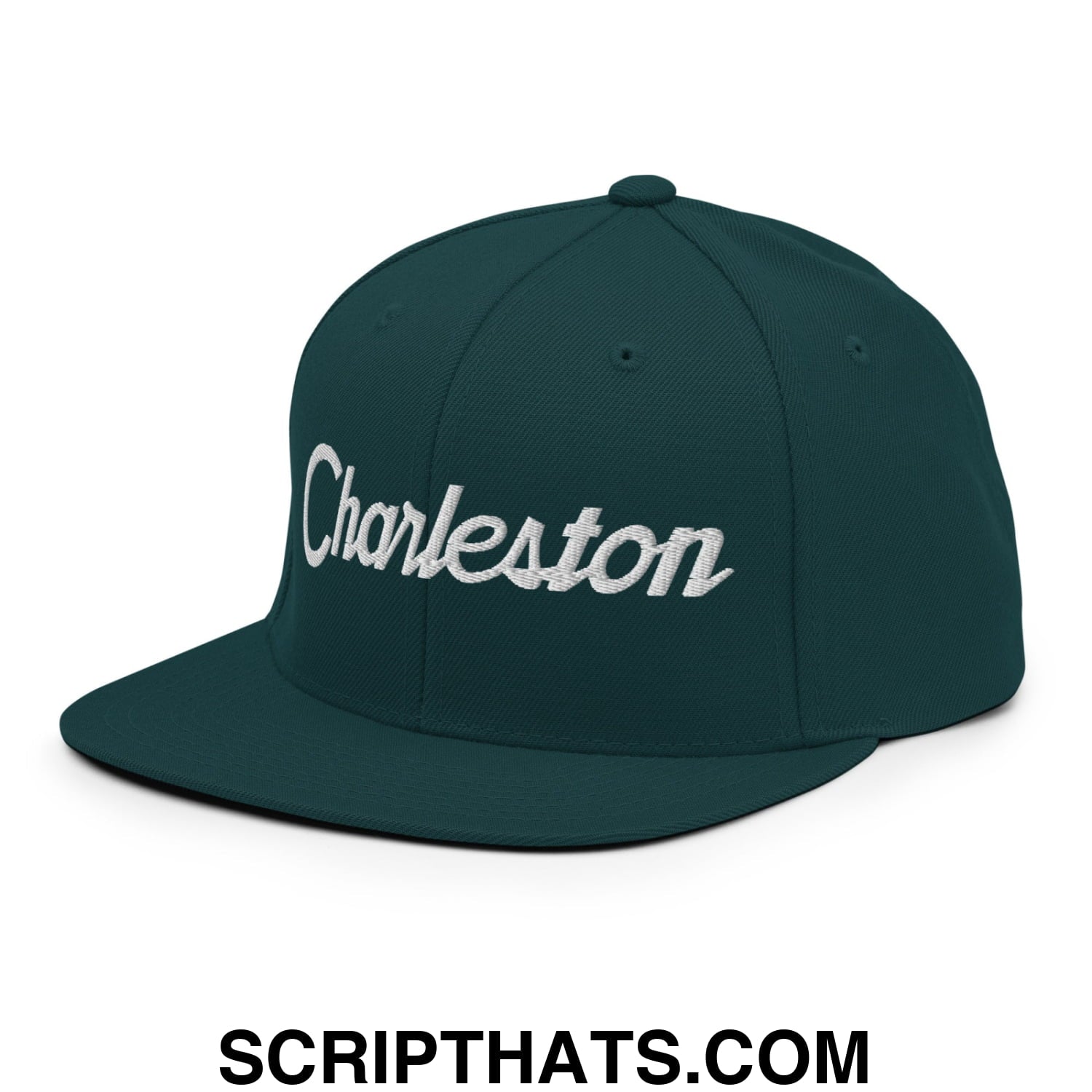 Charleston Vintage Sports Script Embroidered Flat Bill Brim Snapback Hat Spruce