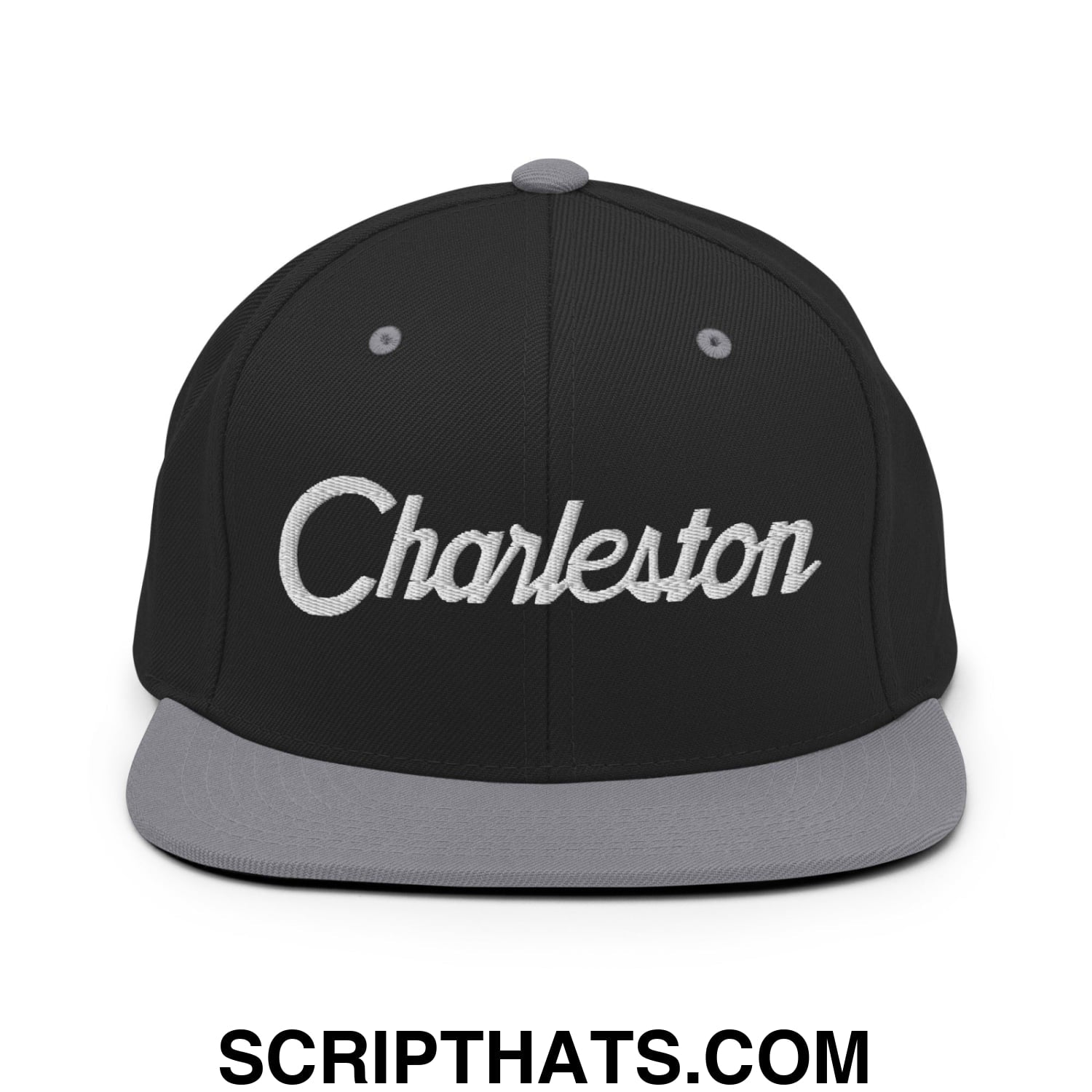 Charleston Vintage Sports Script Embroidered Flat Bill Brim Snapback Hat Black Silver