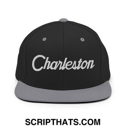 Charleston Vintage Sports Script Embroidered Flat Bill Brim Snapback Hat Black Silver