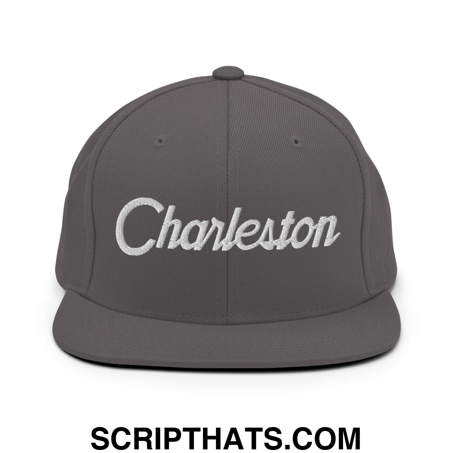 Charleston Vintage Sports Script Embroidered Flat Bill Brim Snapback Hat Dark Grey