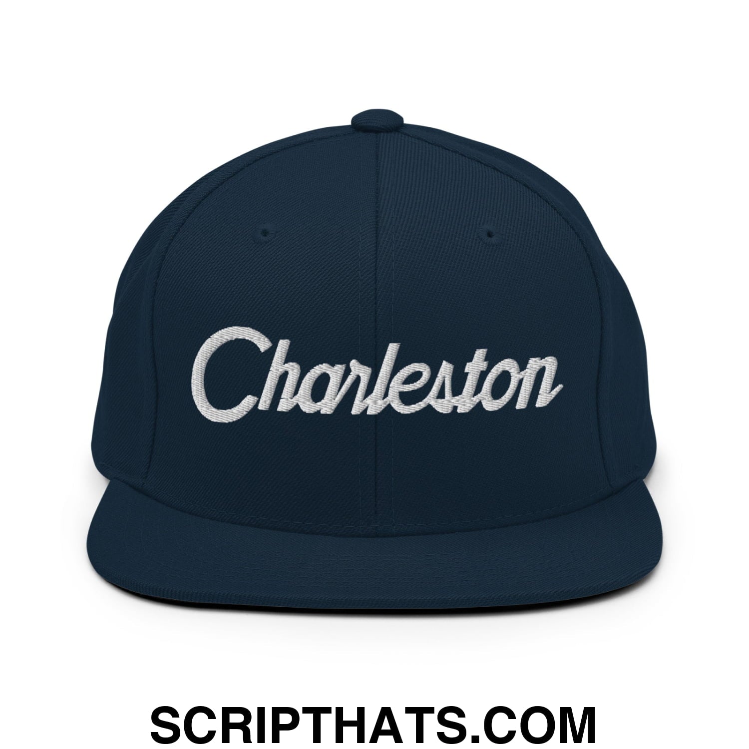 Charleston Vintage Sports Script Embroidered Flat Bill Brim Snapback Hat Dark Navy