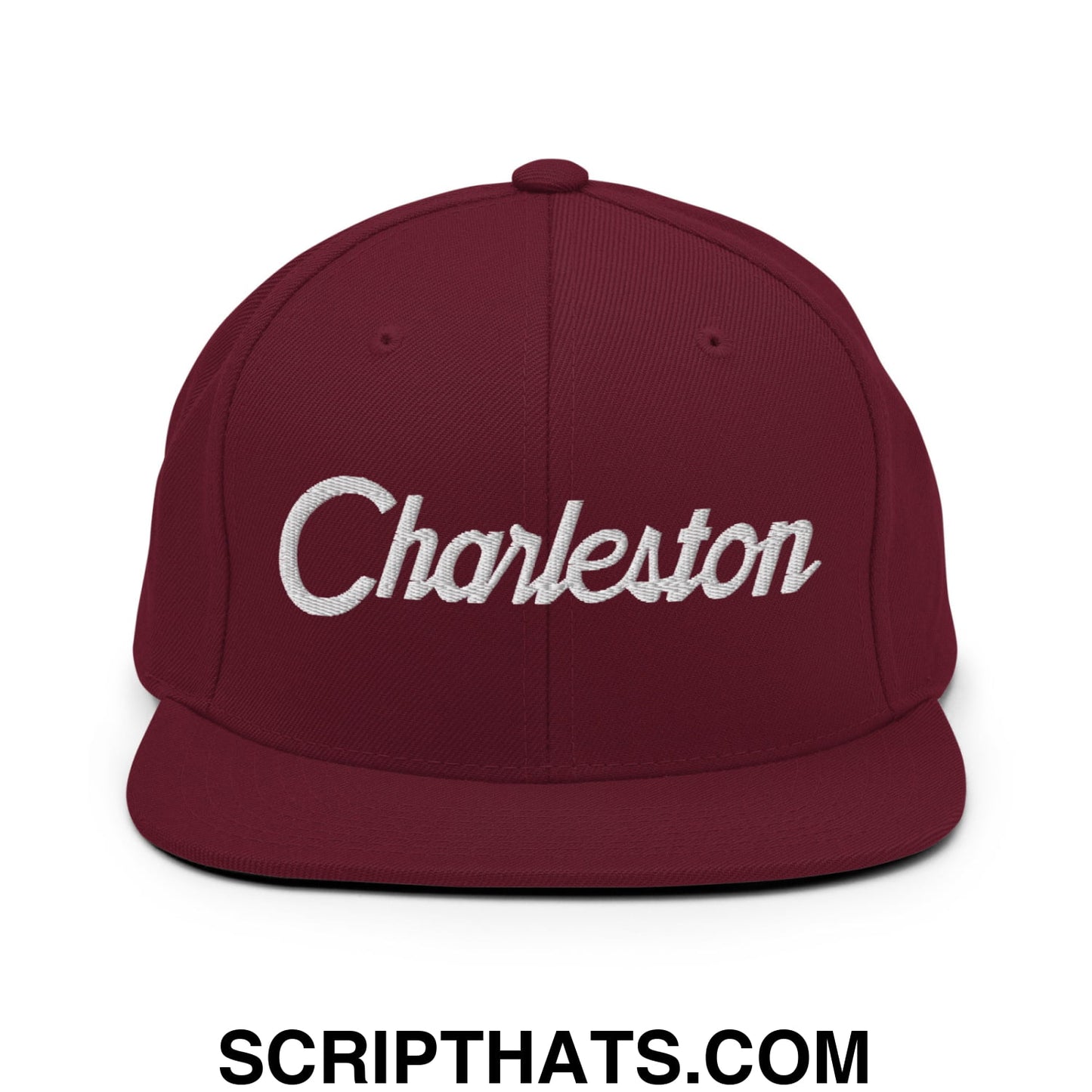 Charleston Vintage Sports Script Embroidered Flat Bill Brim Snapback Hat Maroon