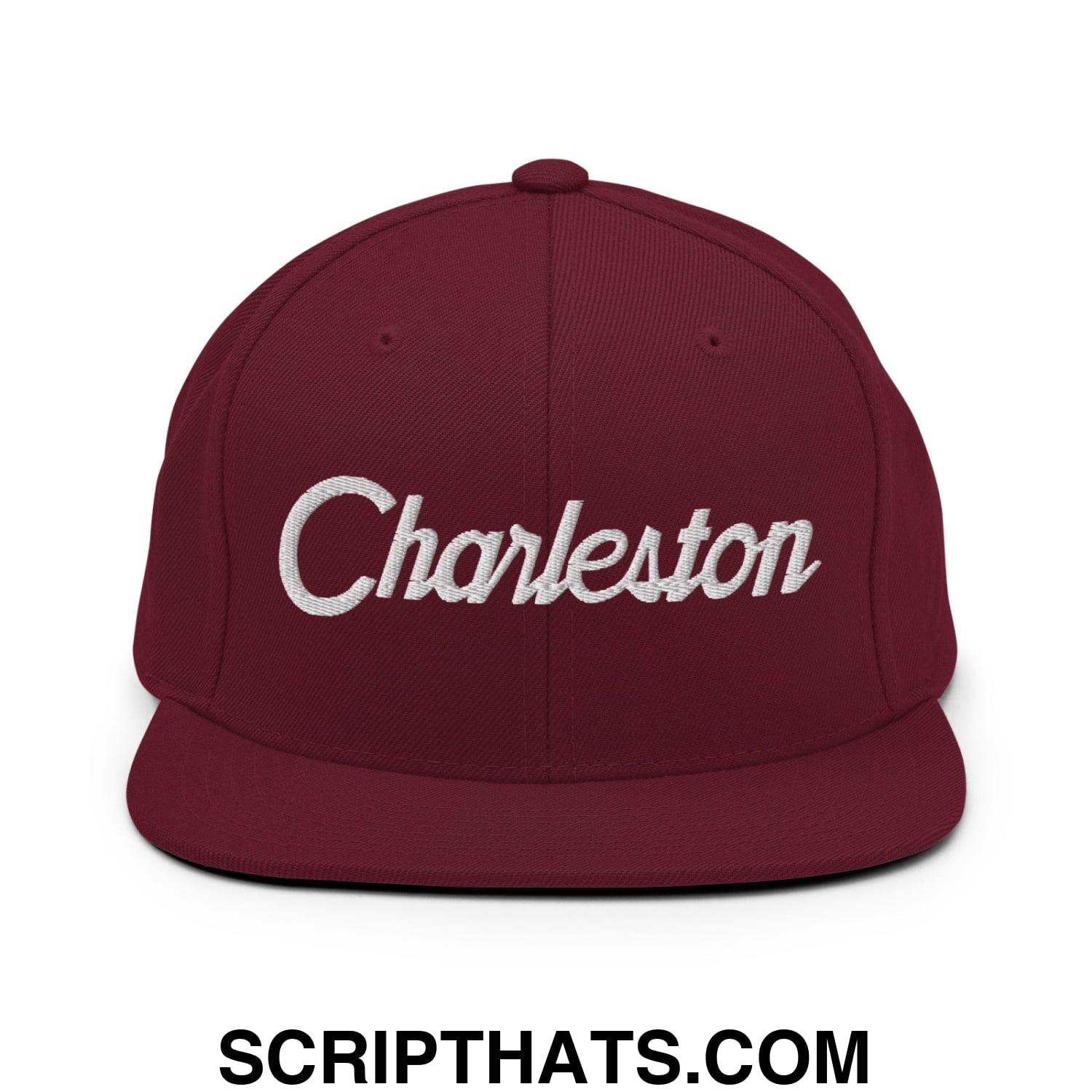 Charleston Vintage Sports Script Embroidered Flat Bill Brim Snapback Hat Maroon