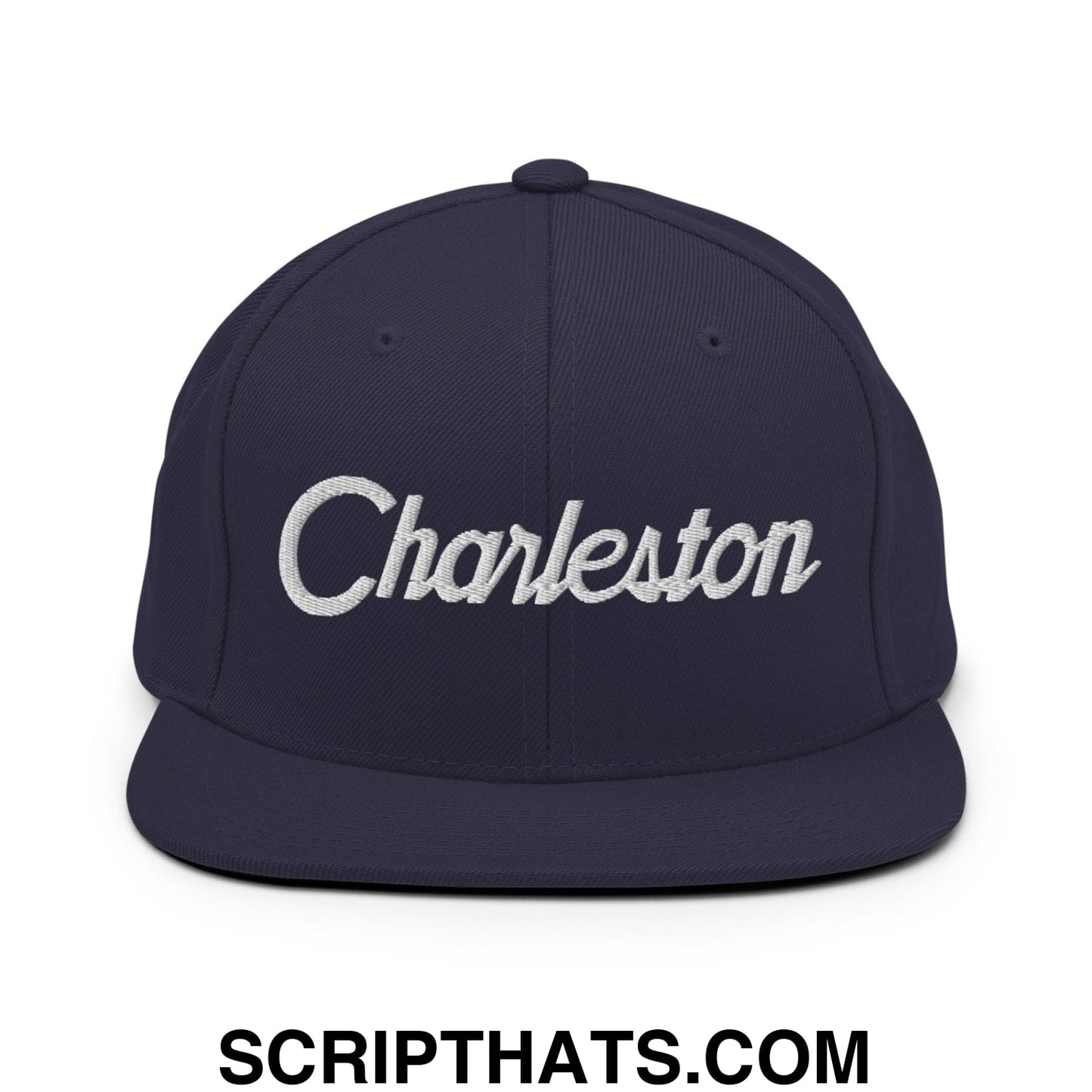 Charleston Vintage Sports Script Embroidered Flat Bill Brim Snapback Hat Navy