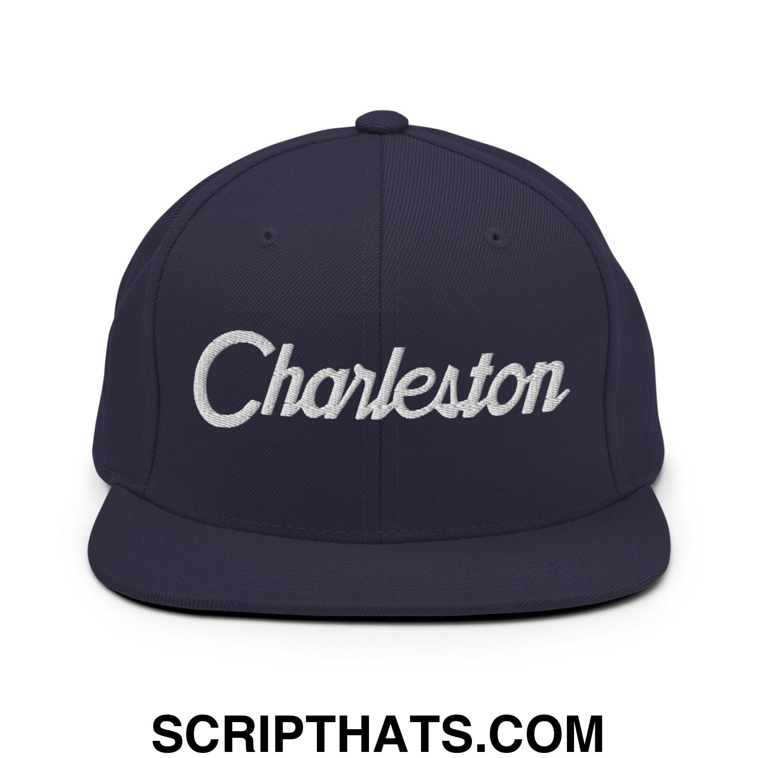 Charleston Vintage Sports Script Embroidered Flat Bill Brim Snapback Hat Navy
