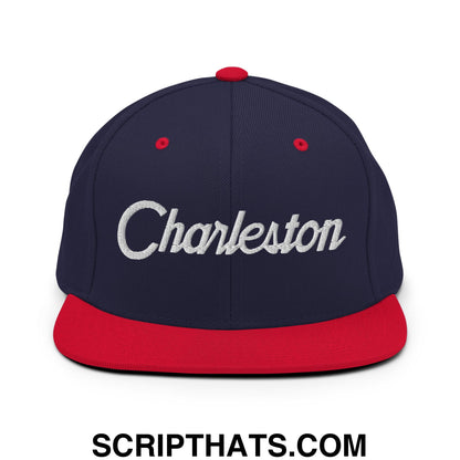 Charleston Vintage Sports Script Embroidered Flat Bill Brim Snapback Hat Navy Red