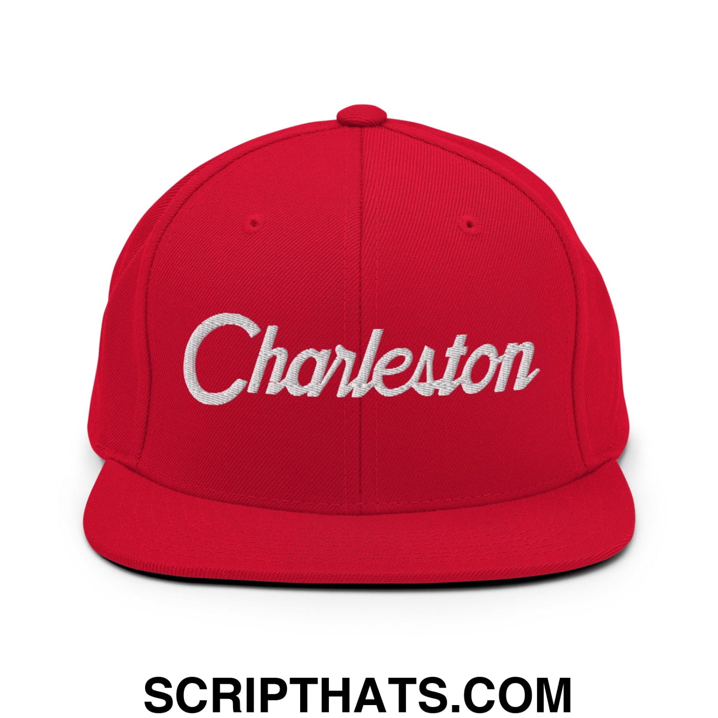 Charleston Vintage Sports Script Embroidered Flat Bill Brim Snapback Hat Red