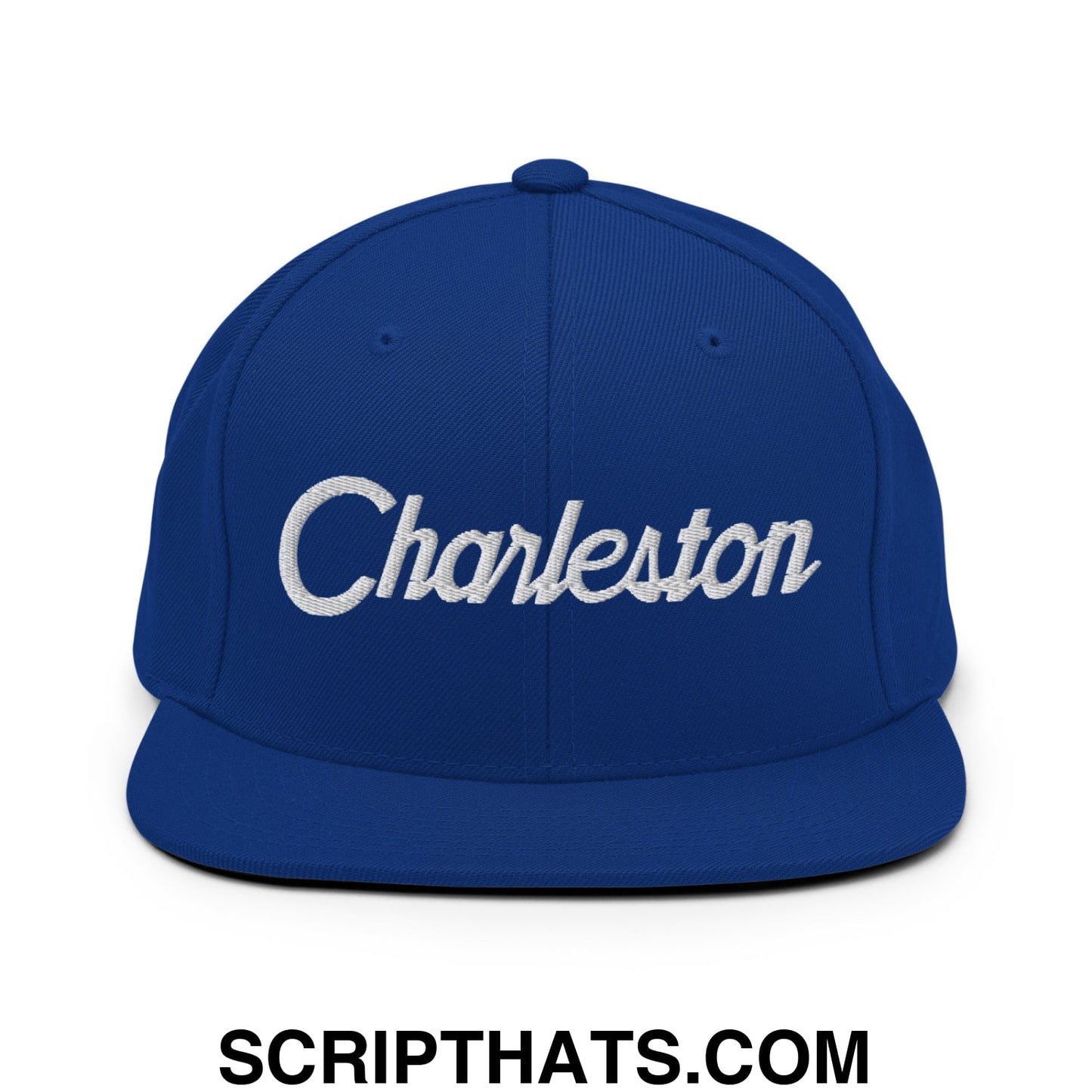 Charleston Vintage Sports Script Embroidered Flat Bill Brim Snapback Hat Royal Blue