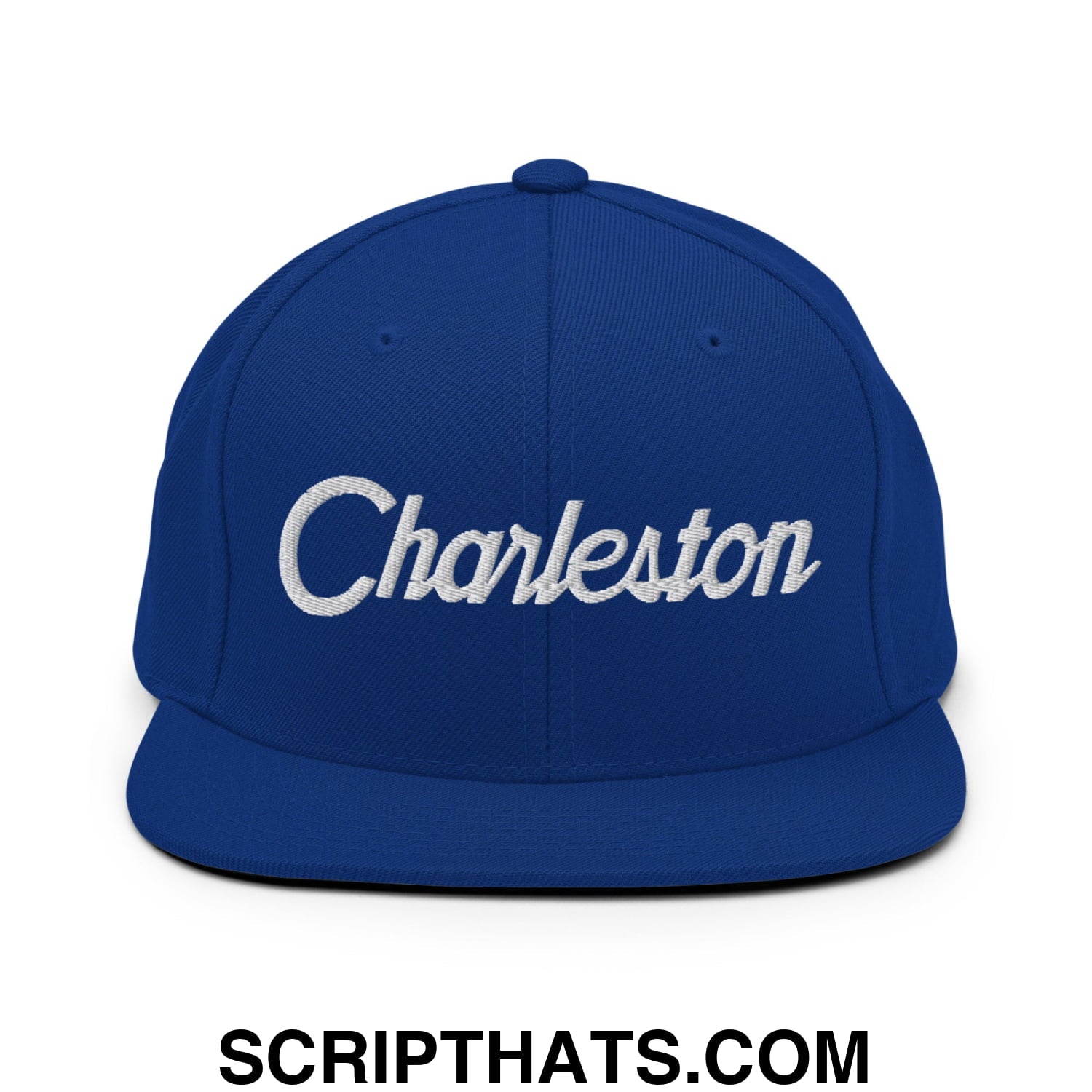 Charleston Vintage Sports Script Embroidered Flat Bill Brim Snapback Hat Royal Blue