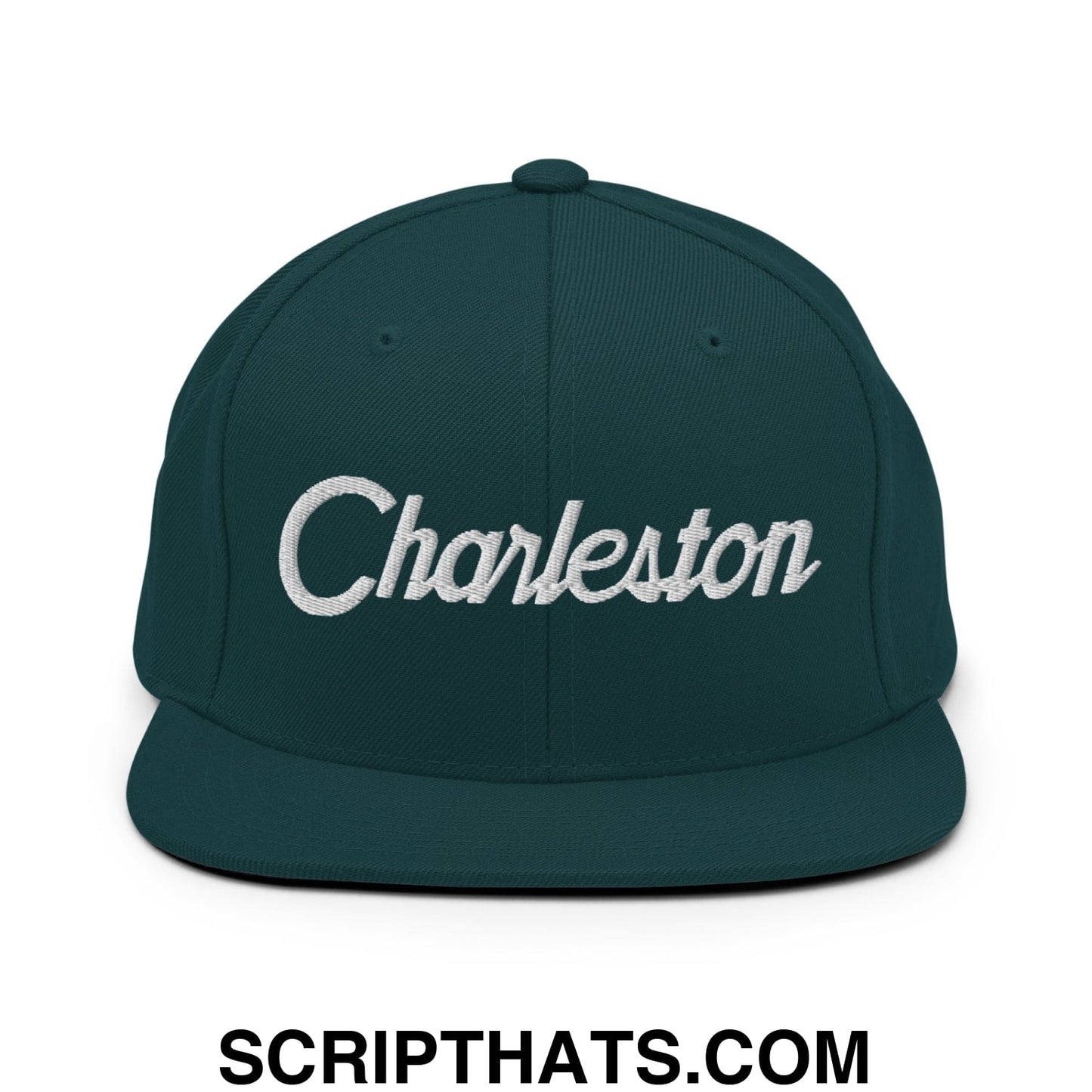 Charleston Vintage Sports Script Embroidered Flat Bill Brim Snapback Hat Spruce