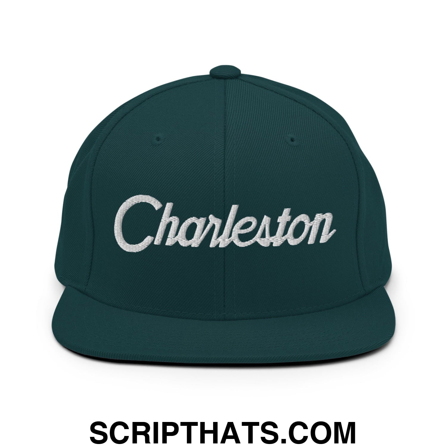Charleston Vintage Sports Script Embroidered Flat Bill Brim Snapback Hat Spruce