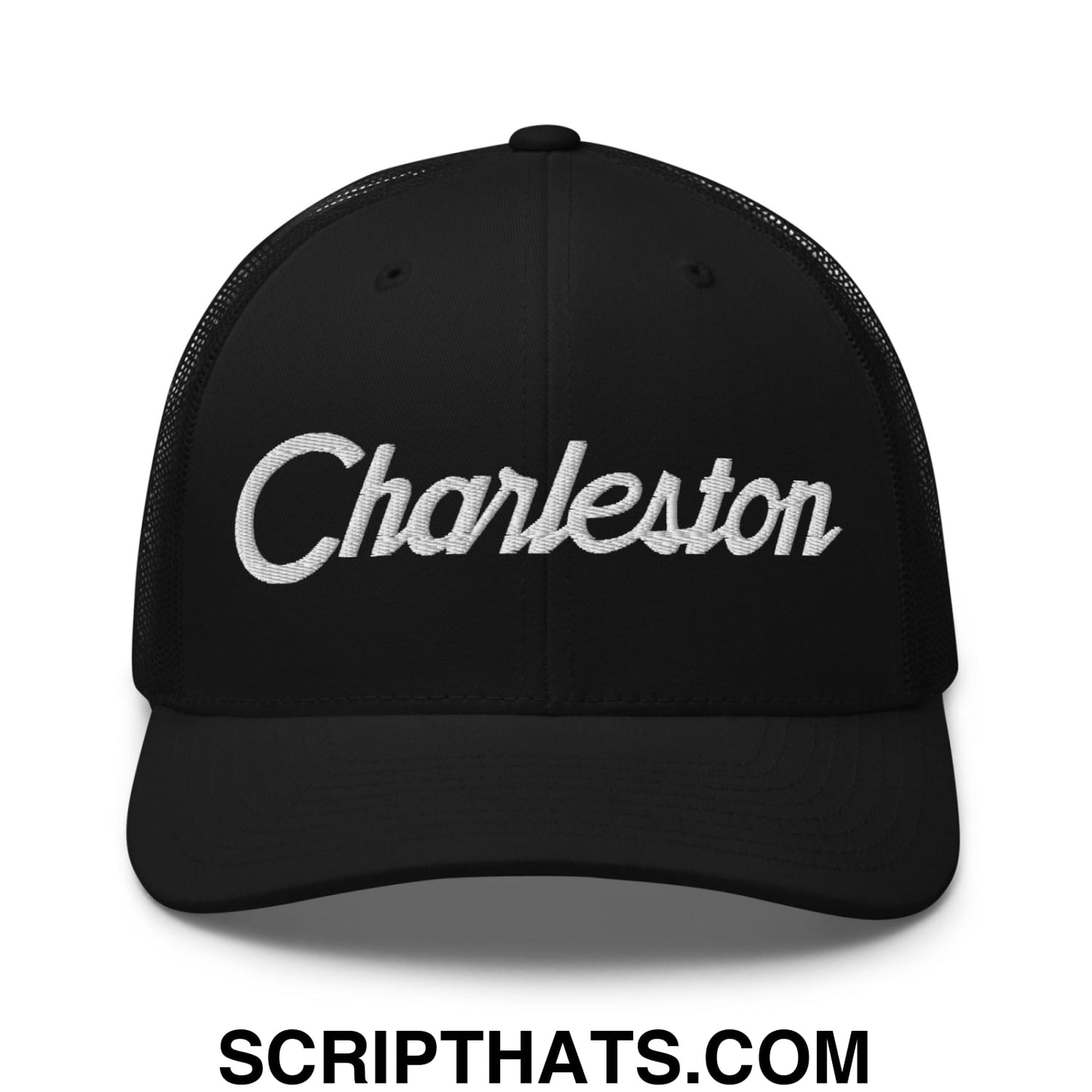 Charleston Vintage Sports Script Embroidered Mesh Trucker Hat Black