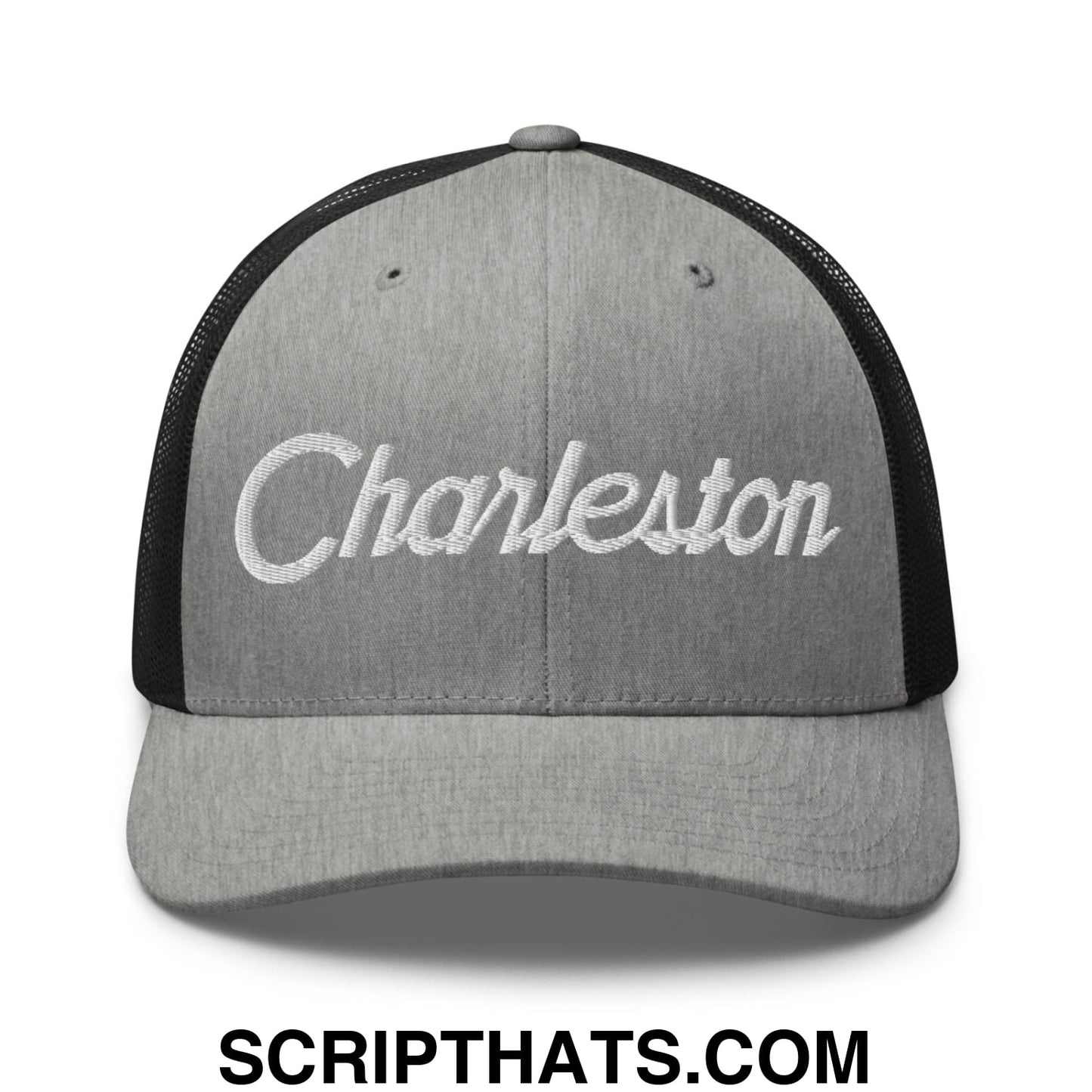 Charleston Vintage Sports Script Embroidered Mesh Trucker Hat Heather Black