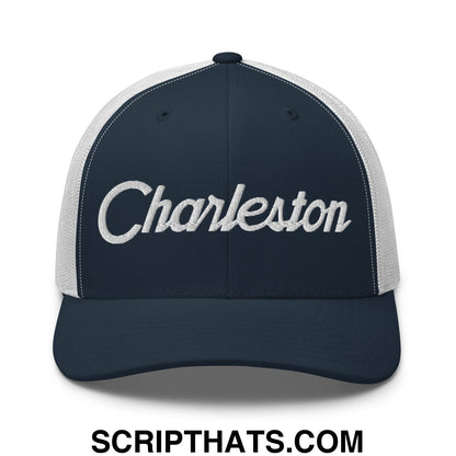 Charleston Vintage Sports Script Embroidered Mesh Trucker Hat Navy White